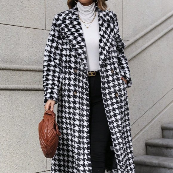 Black & White Preppy womens Houndstooth Print Double Breasted Lapel Neck Coat - Picture 4 of 5